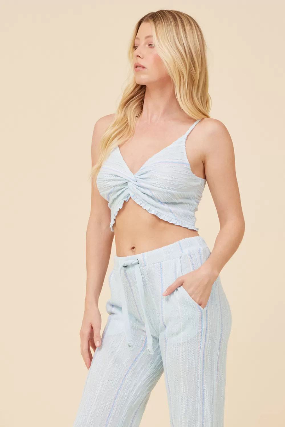 Vintage Havana Soft Blue W/ Mixed Stripes Textured Cropped Tank