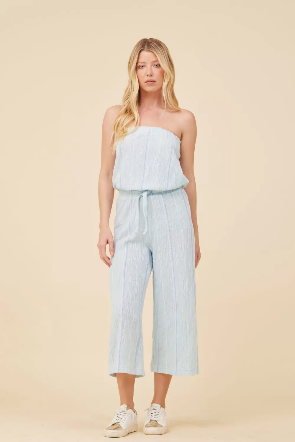 Vintage Havana Soft Blue W/ Mixed Stripes Textured Jumpsuit