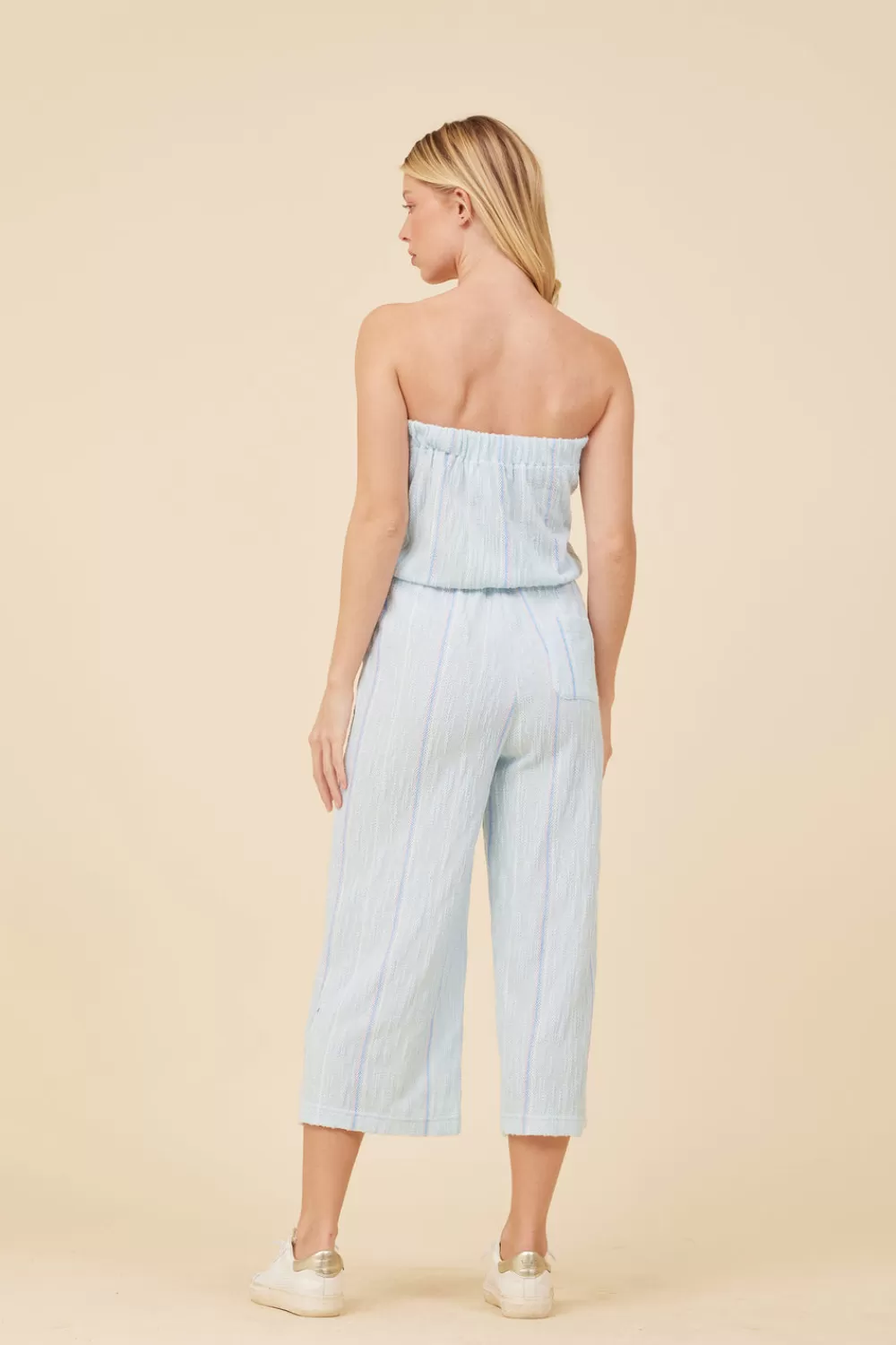 Vintage Havana Soft Blue W/ Mixed Stripes Textured Jumpsuit