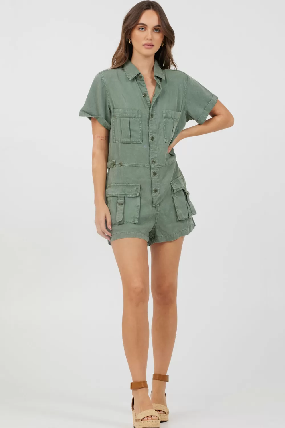 Vintage Havana Soft Olive Button Front Romper