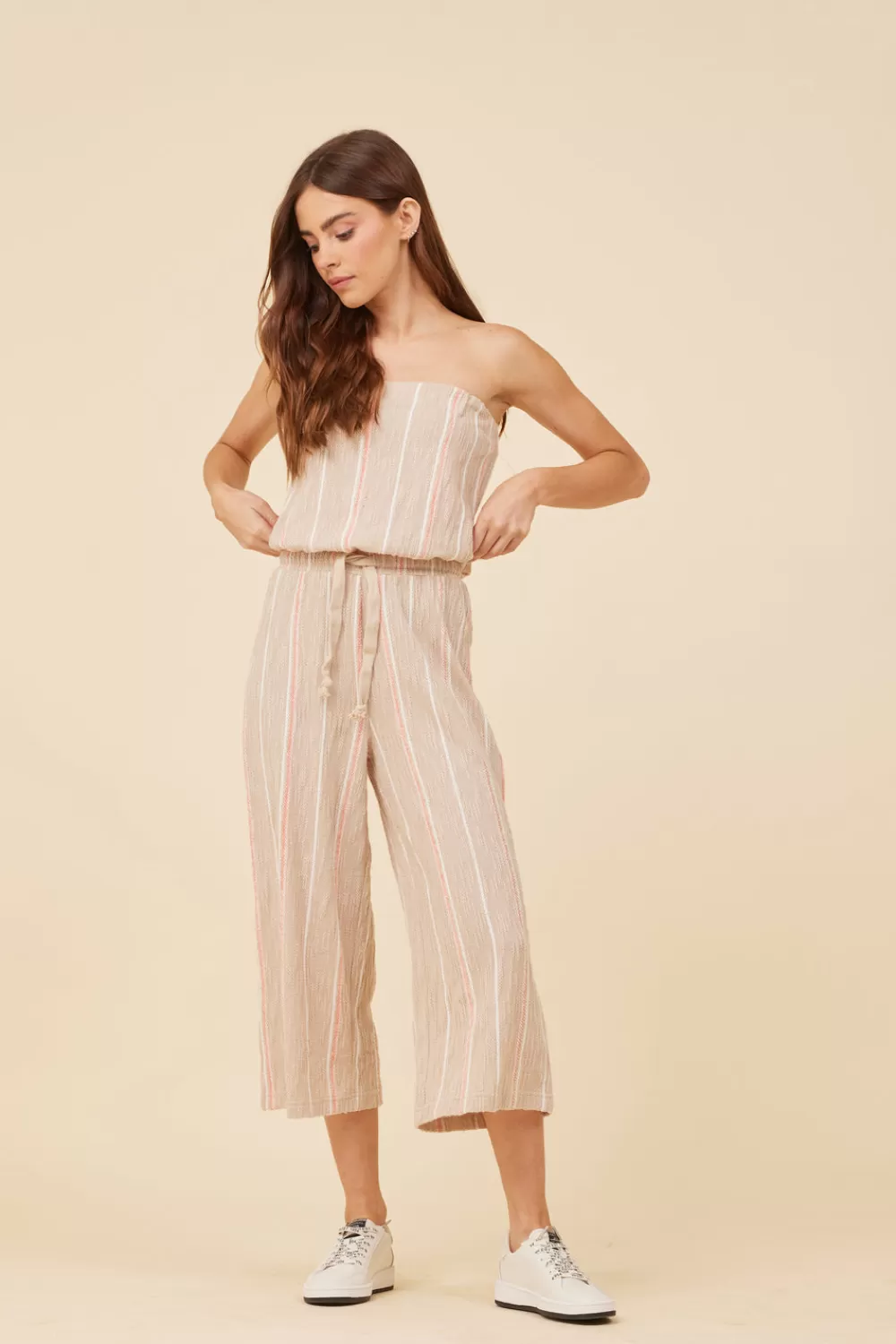 Vintage Havana Soft Tan W/ Mixed Stripes Textured Jumpsuit
