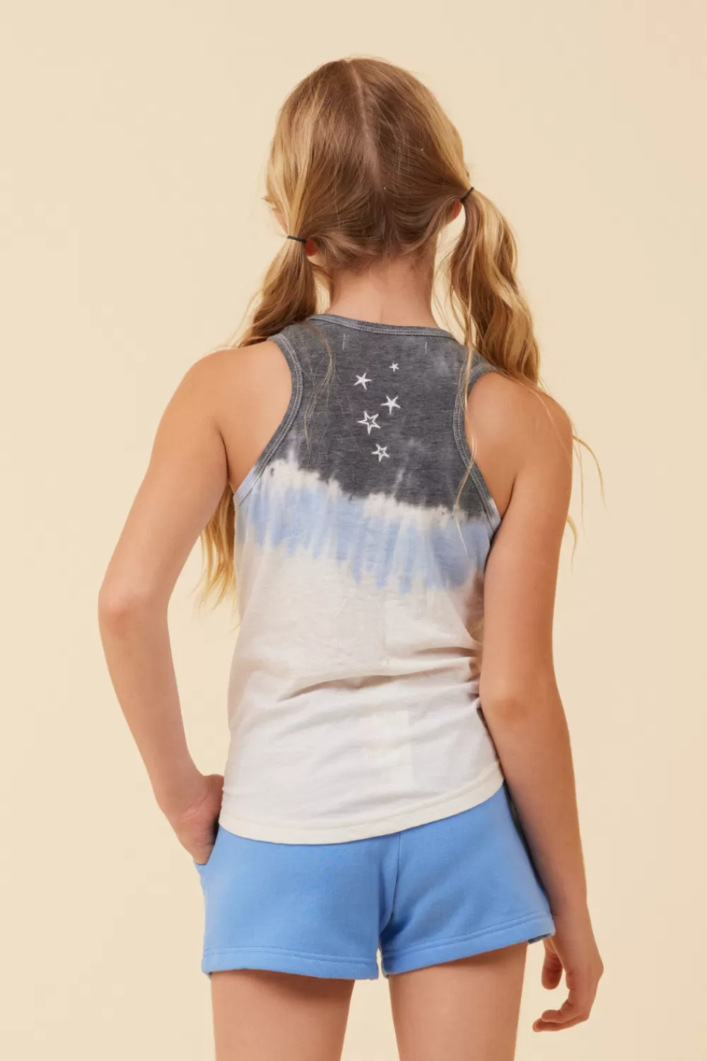 Kids Vintage Havana Summer Blue/White/Charcoal Tie Dye Tank W/ Embroidered Stars