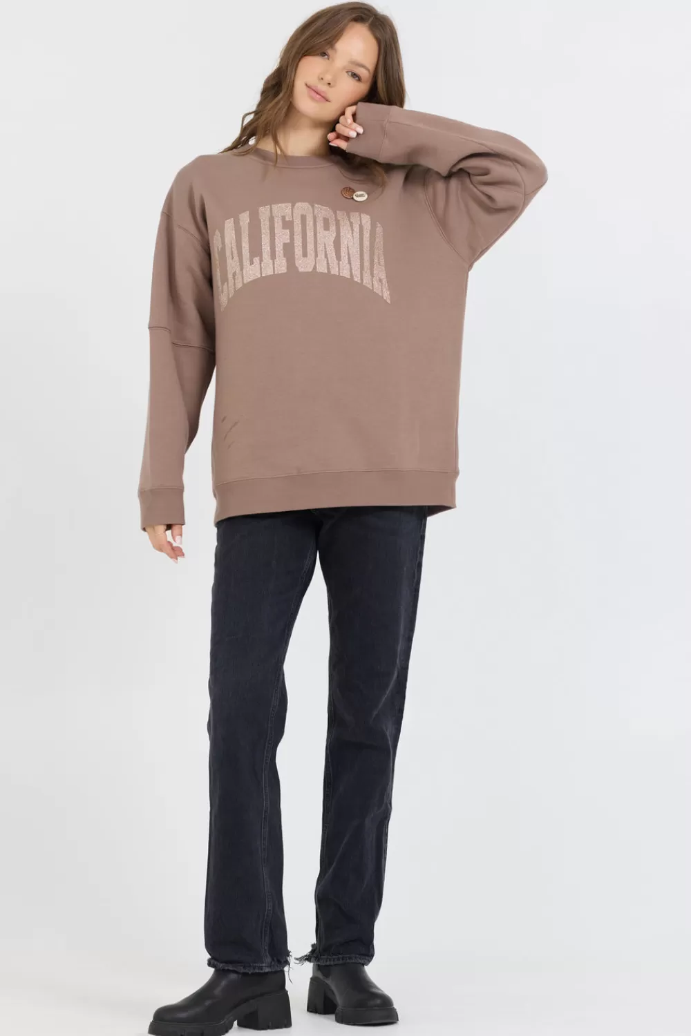 Vintage Havana Taupe W/ Rose Gold Garment Dye Fleece Crew W/ Glitter Print