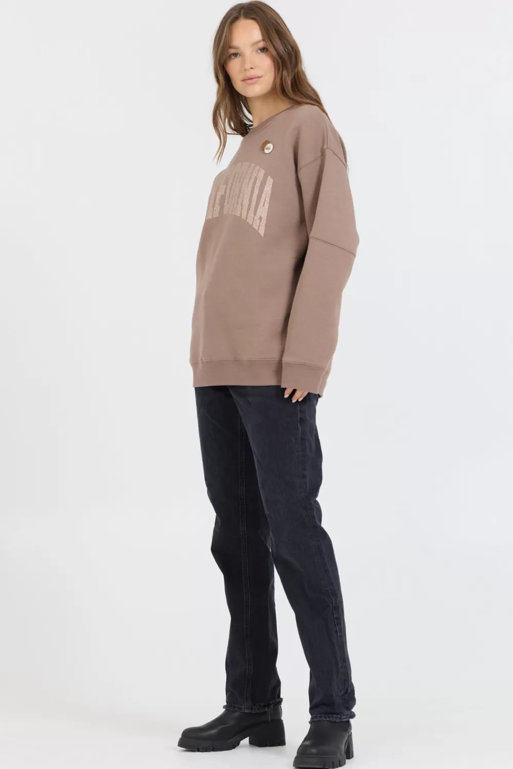 Vintage Havana Taupe W/ Rose Gold Garment Dye Fleece Crew W/ Glitter Print