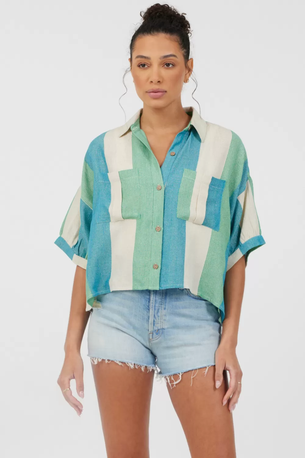 Vintage Havana Teal Green & Metallic Stripe Lightweight Button Up