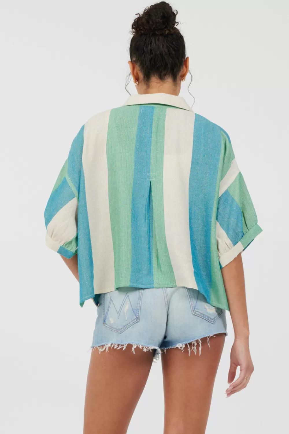 Vintage Havana Teal Green & Metallic Stripe Lightweight Button Up