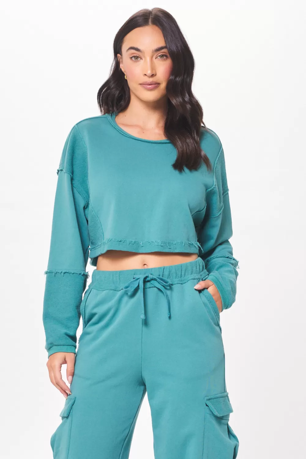 Vintage Havana Teal Green Terry Cargo Fleece Crewneck