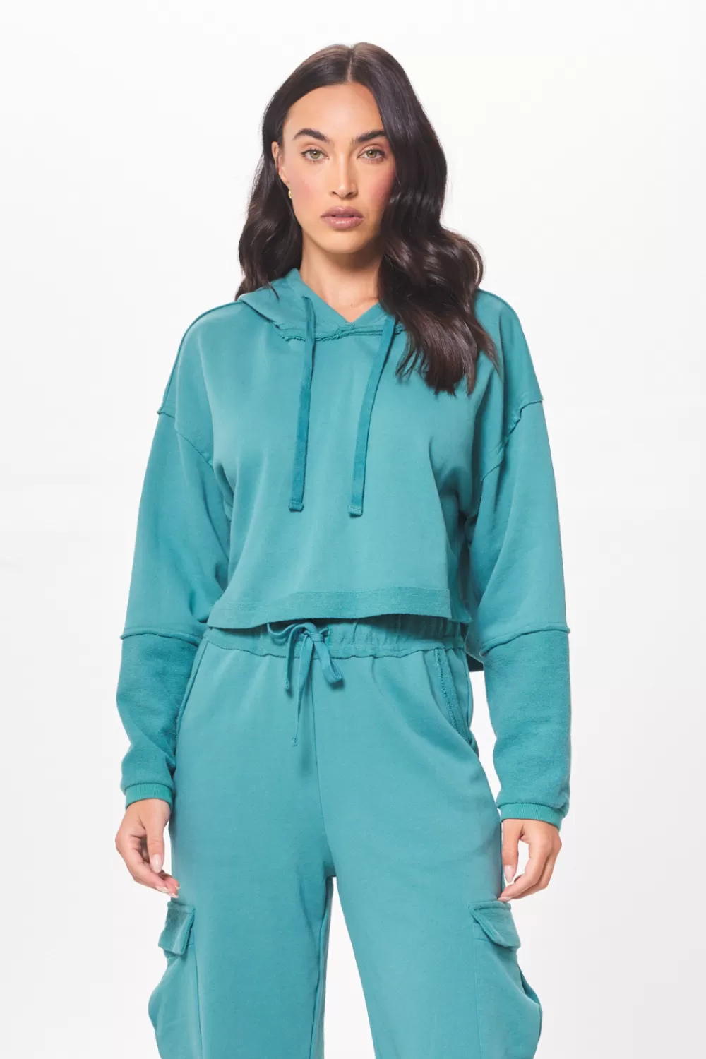 Vintage Havana Teal Green Terry Cargo Fleece Hoodie