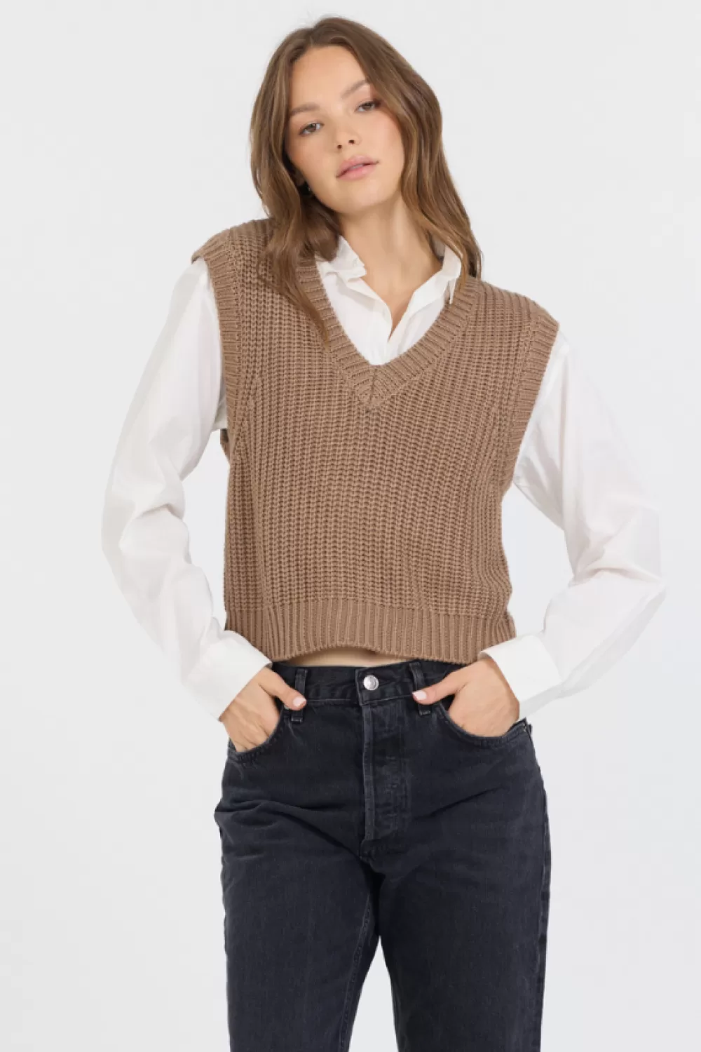 Vintage Havana Toffee W/ White Twofer Cropped Sweater Vest