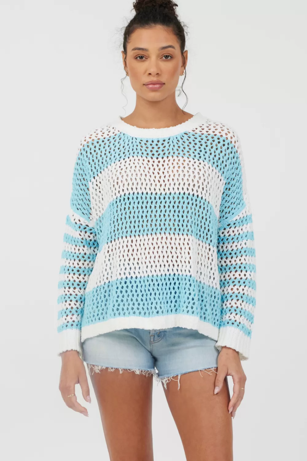 Vintage Havana Tropical Turquoise Striped Netted Crewneck