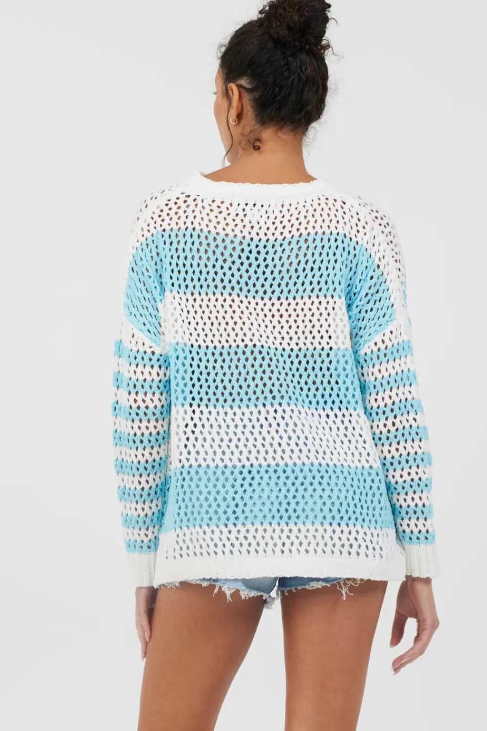 Vintage Havana Tropical Turquoise Striped Netted Crewneck