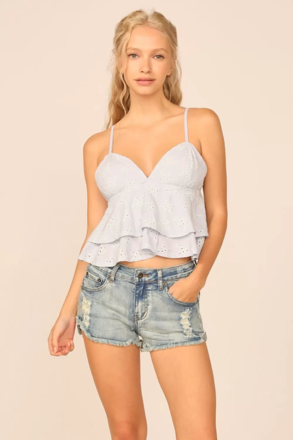 Vintage Havana VH X OD - Chambray Blue W/ Ivory Eyelet Ruffle Tank Top
