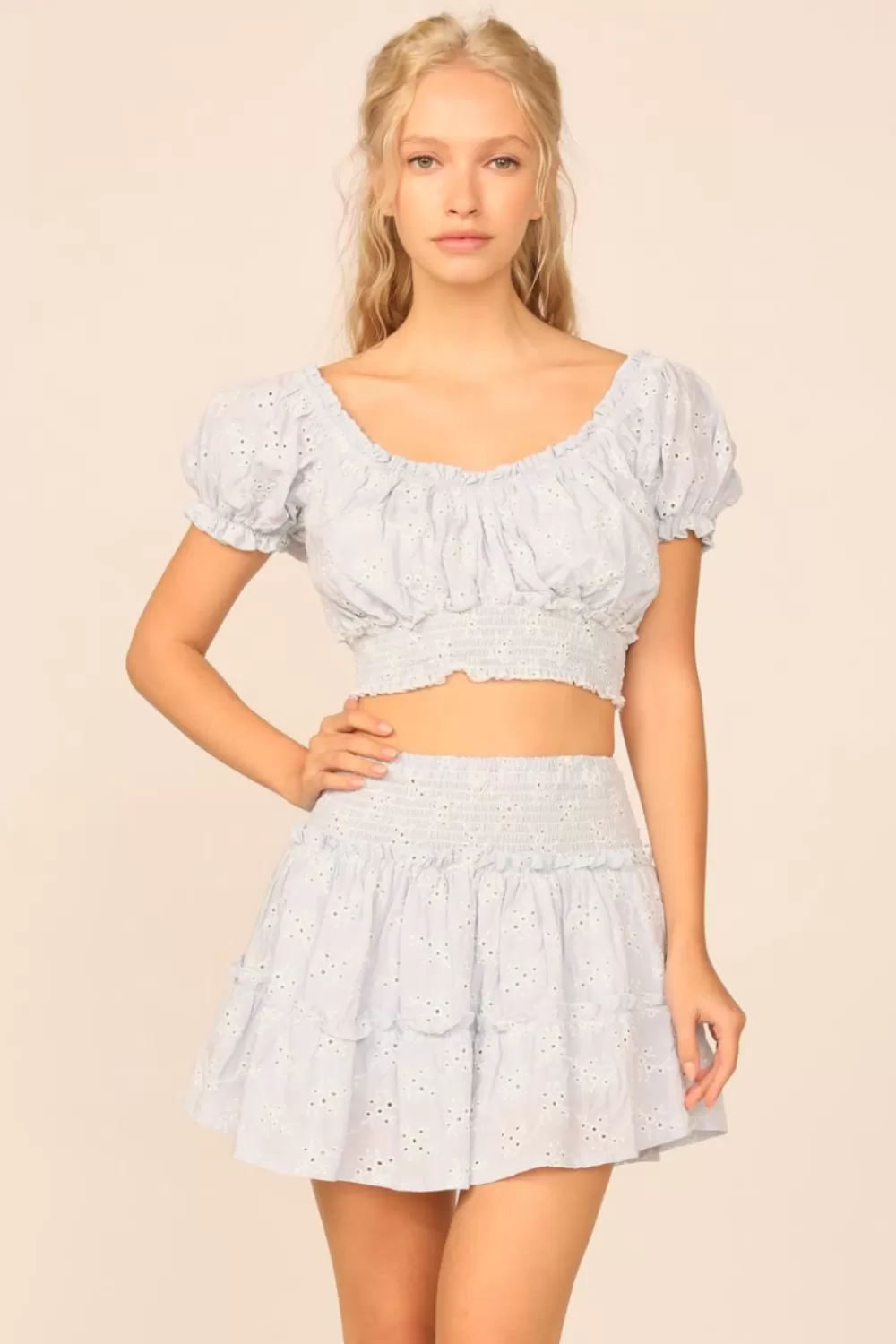 Vintage Havana VH X OD - Chambray Blue W/ Ivory Eyelet Smocked Crop Top