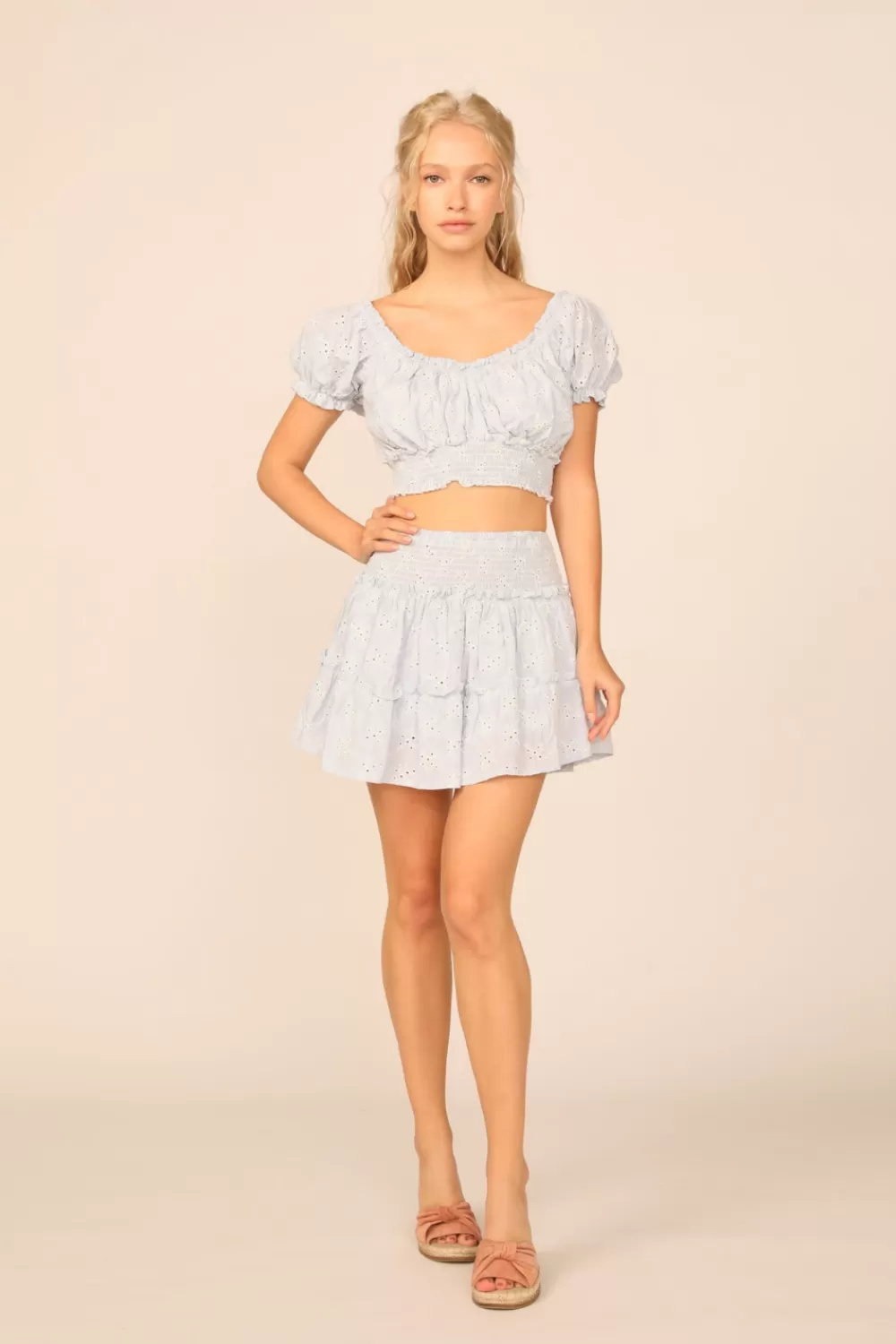 Vintage Havana VH X OD - Chambray Blue W/ Ivory Eyelet Smocked Crop Top