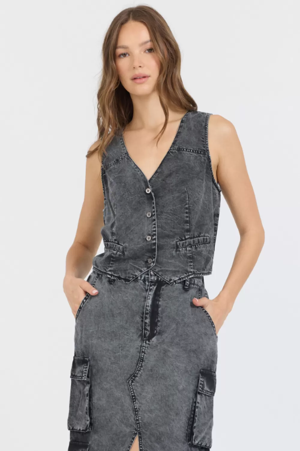 Vintage Havana Washed Black Twill Button Front Vest Top