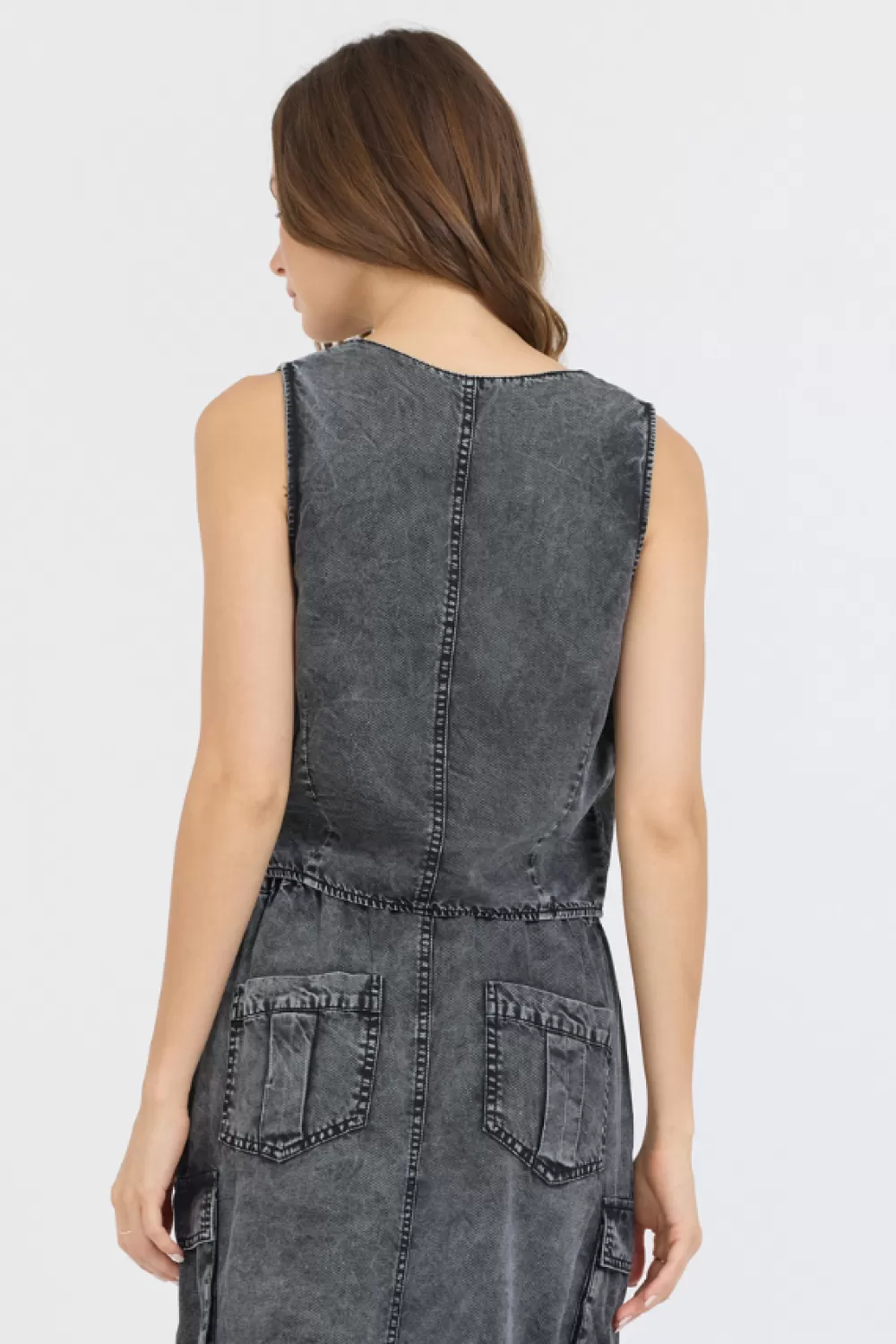 Vintage Havana Washed Black Twill Button Front Vest Top