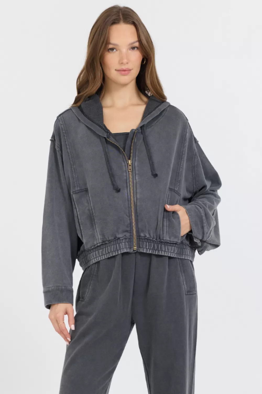 Vintage Havana Washed Charcoal Garment Dye French Terry Zip Up Hoodie