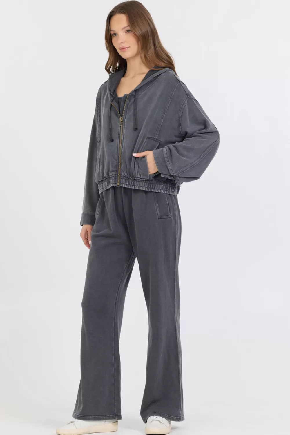 Vintage Havana Washed Charcoal Garment Dye French Terry Zip Up Hoodie