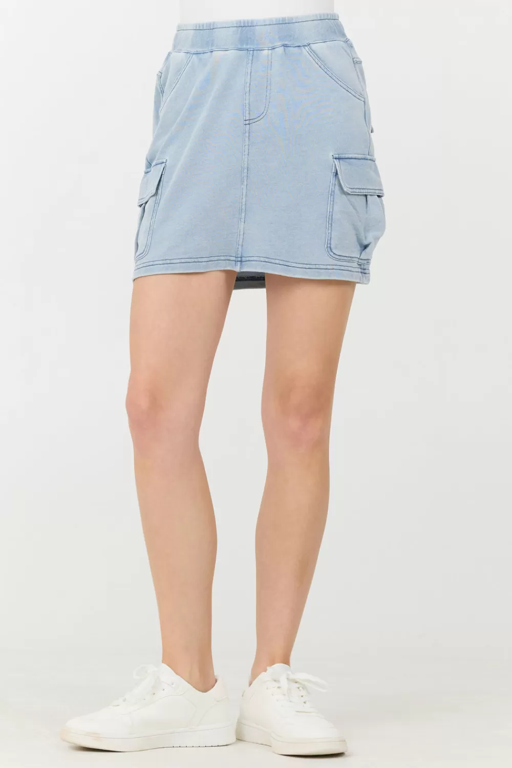 Vintage Havana Washed Denim Terry Fleece Cargo Skirt