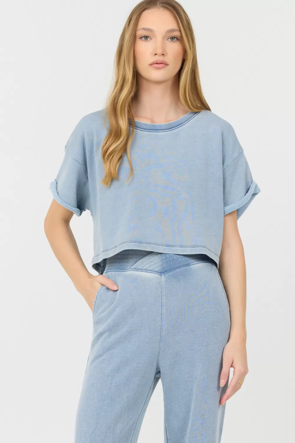 Vintage Havana Washed Denim Terry Fleece Cropped Shirt