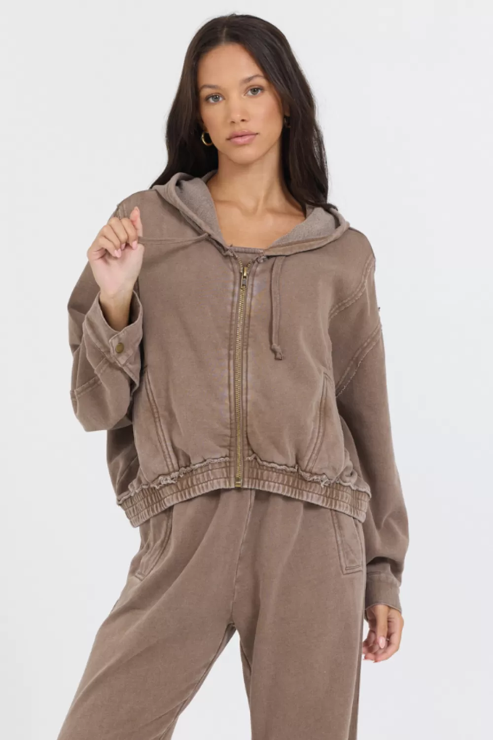 Vintage Havana Washed Mocha Garment Dye French Terry Zip Up Hoodie