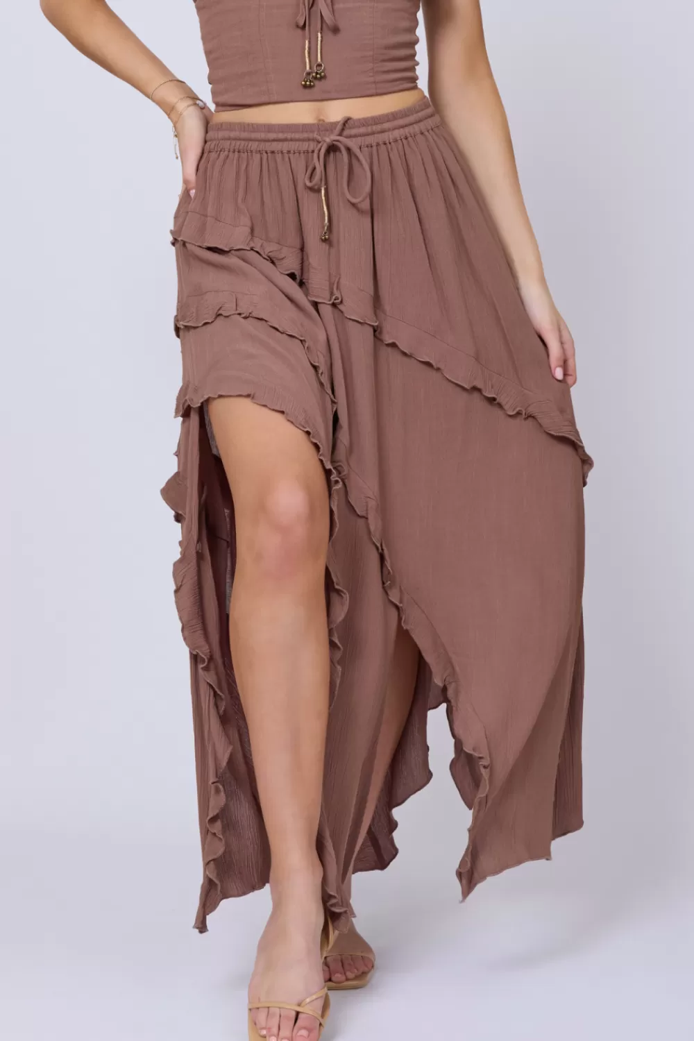 Vintage Havana Washed Mocha Rayon Crinkle Ruffle Maxi Skirt