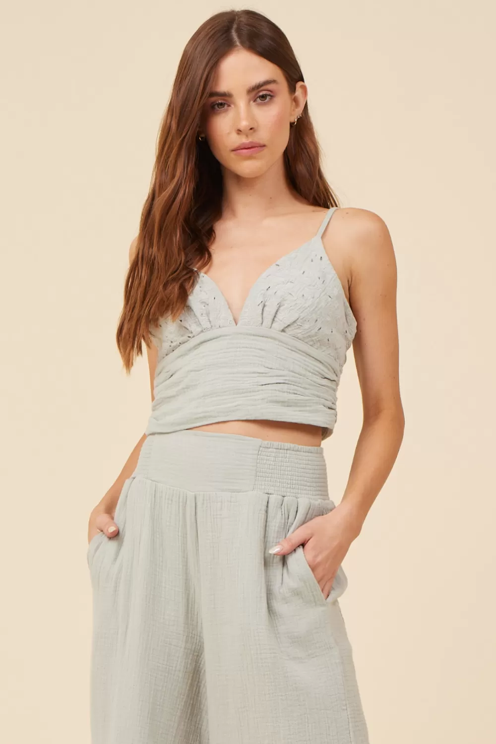 Vintage Havana Washed Sage Gauze Eyelet Embroidered Cropped Tank