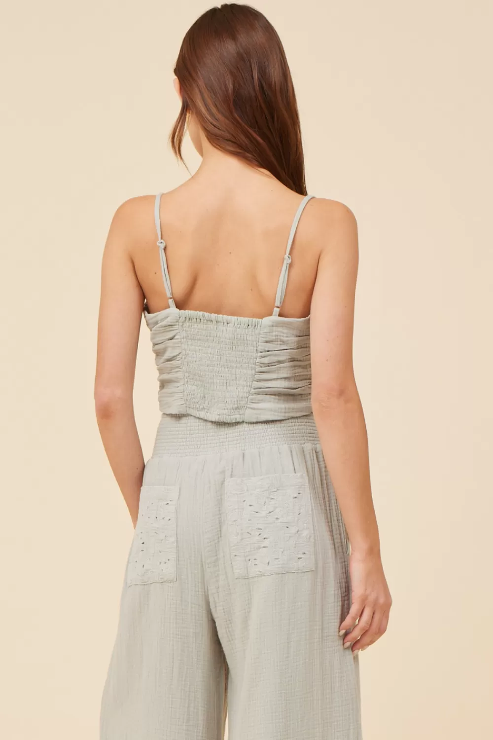 Vintage Havana Washed Sage Gauze Eyelet Embroidered Cropped Tank