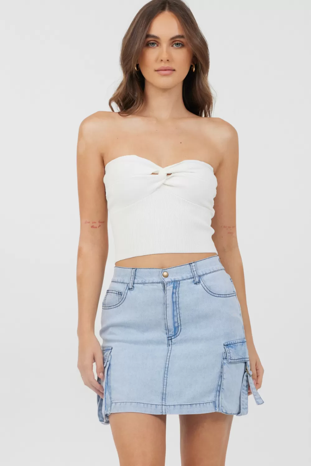 Vintage Havana White Rib Knit Twist Front Tube Top